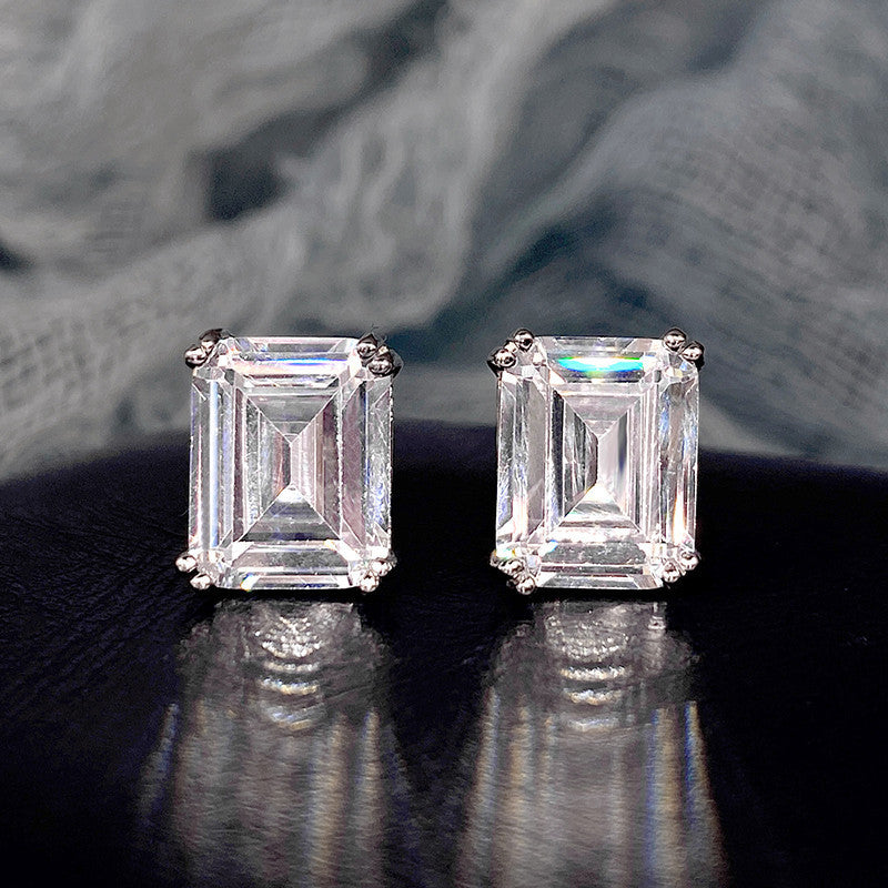 Rectangular Zircon Stud Earrings – Minimalist Platinum White Unisex Design