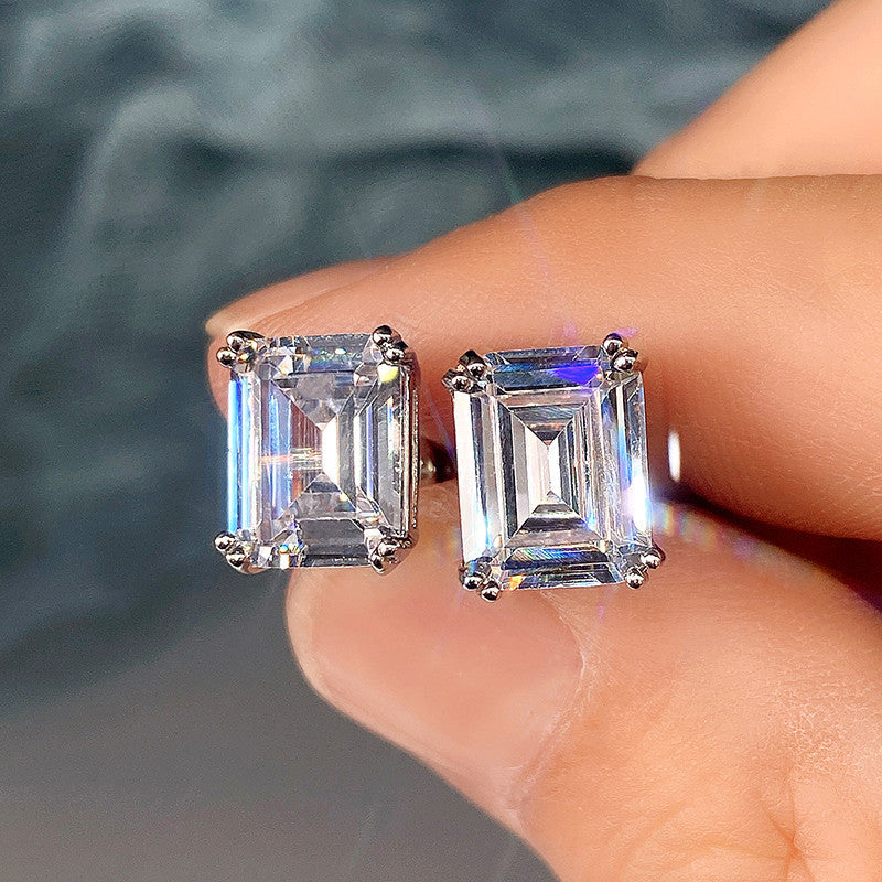 Rectangular Zircon Stud Earrings – Minimalist Platinum White Unisex Design