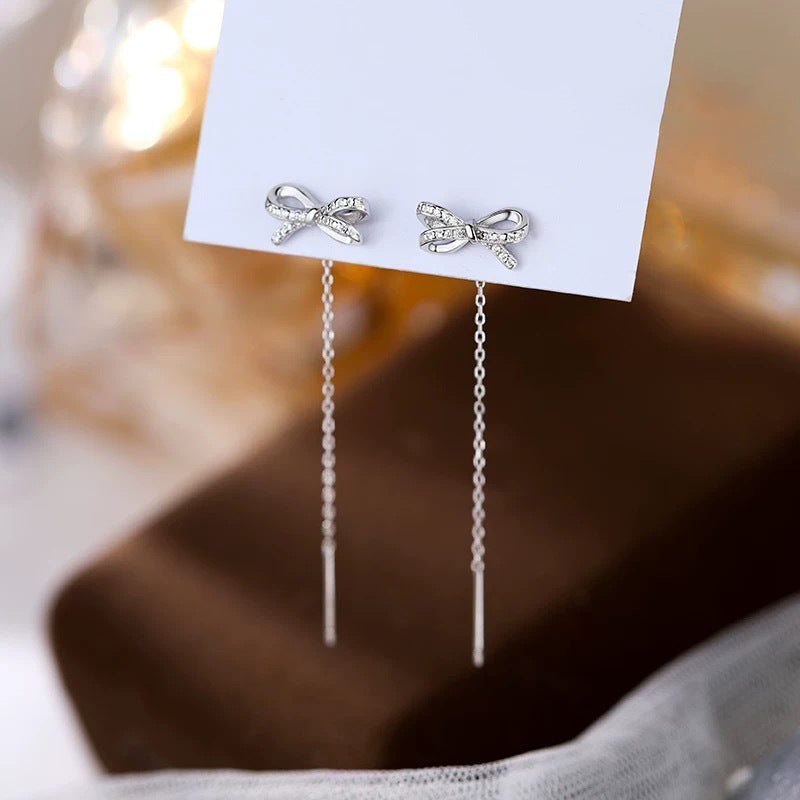 Elegant Bow Tassel Thread Earrings – High-End White Gold OL Style for Women