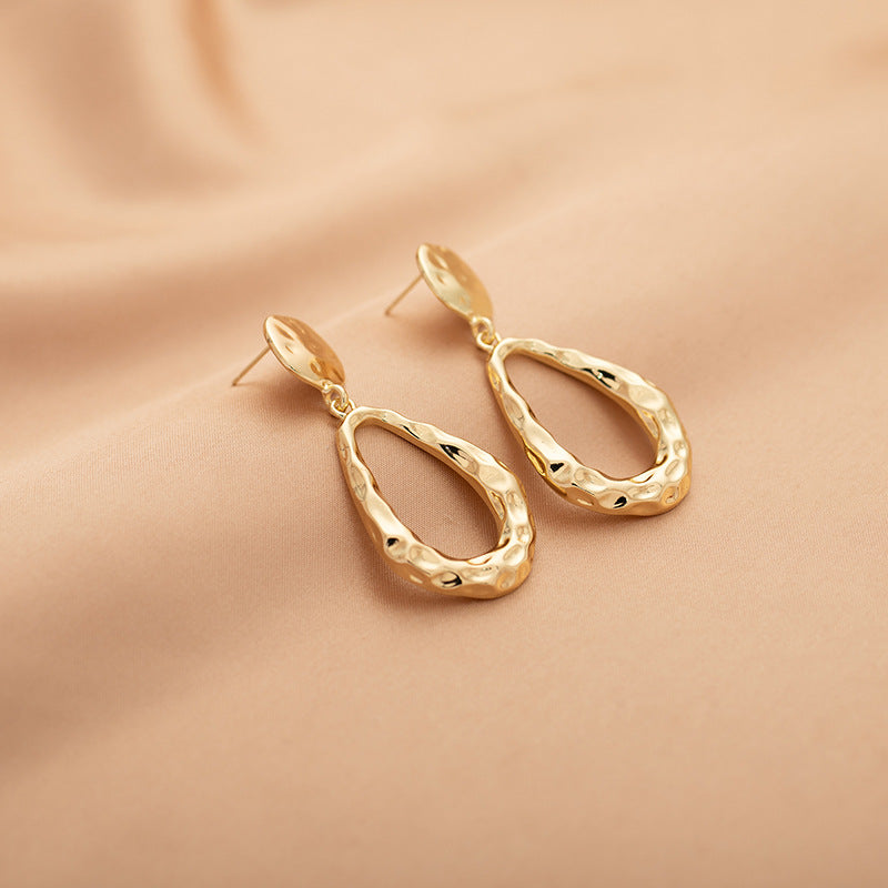 Hollow Gold Waterdrop Earrings – Elegant Office Lady Drop Design (Stud or Clip-On)