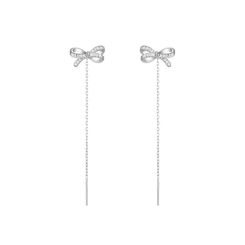 Elegant Bow Tassel Thread Earrings – High-End White Gold OL Style for Women