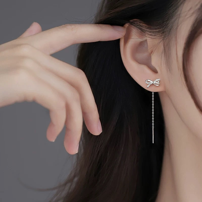 Elegant Bow Tassel Thread Earrings – High-End White Gold OL Style for Women