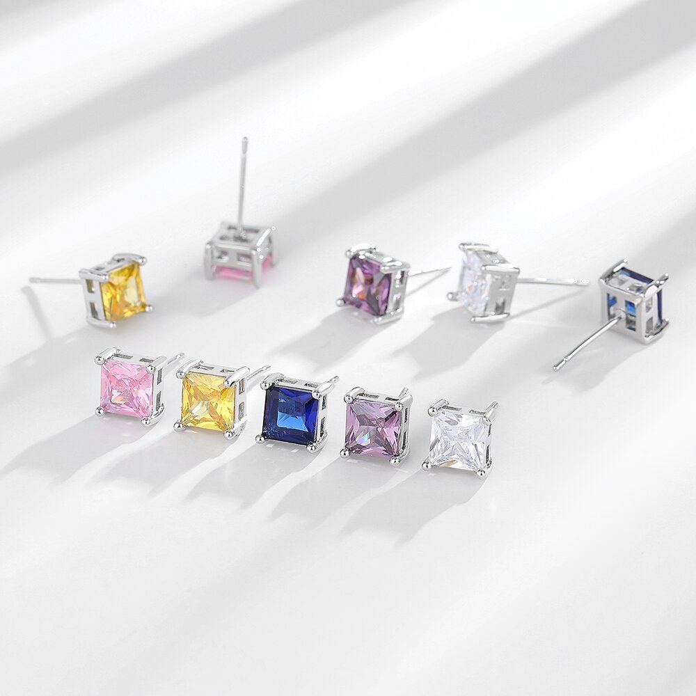 Gold-Plated Square Zircon Stud Earrings – 6×6mm Light Luxury Color Collection
