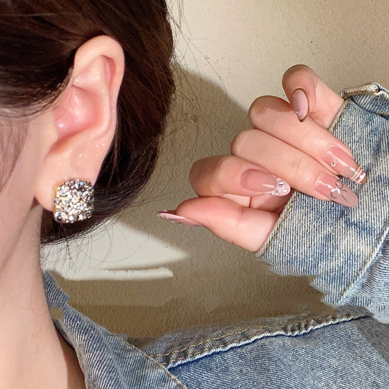 Black Micro-Pavé Zircon Square Stud Earrings – Gold-Tone Geometric Luxury for Women