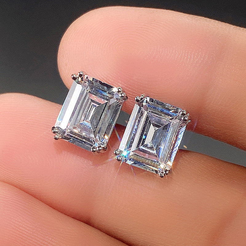 Rectangular Zircon Stud Earrings – Minimalist Platinum White Unisex Design