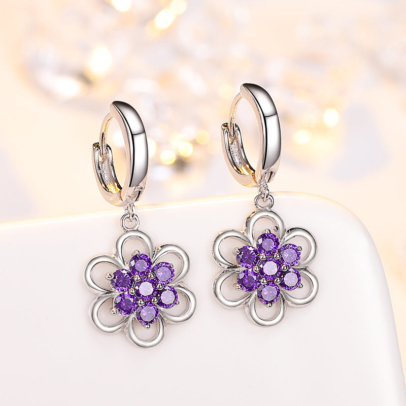 Floral White Gold Earrings – Long Elegant Flower Design with White or Purple Stone