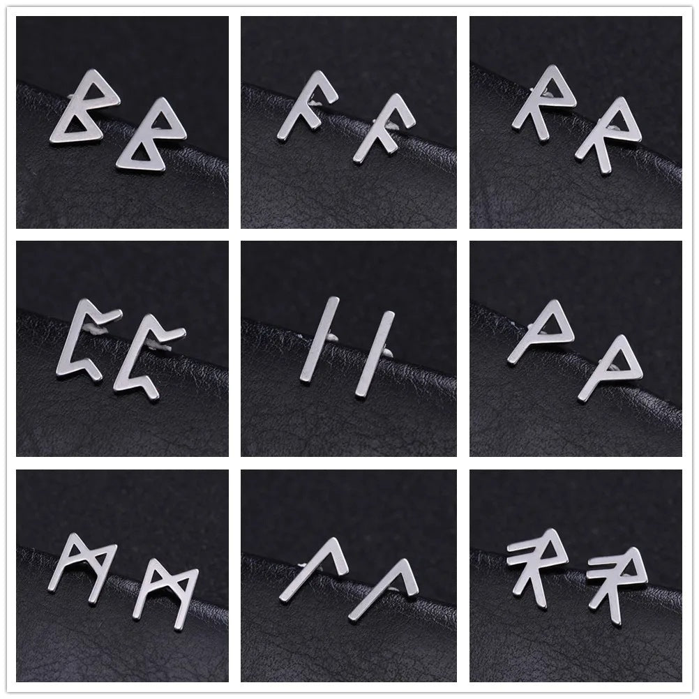 Nordic Rune Letter Earrings – Stainless Steel Minimalist Symbol Studs (24 Styles)