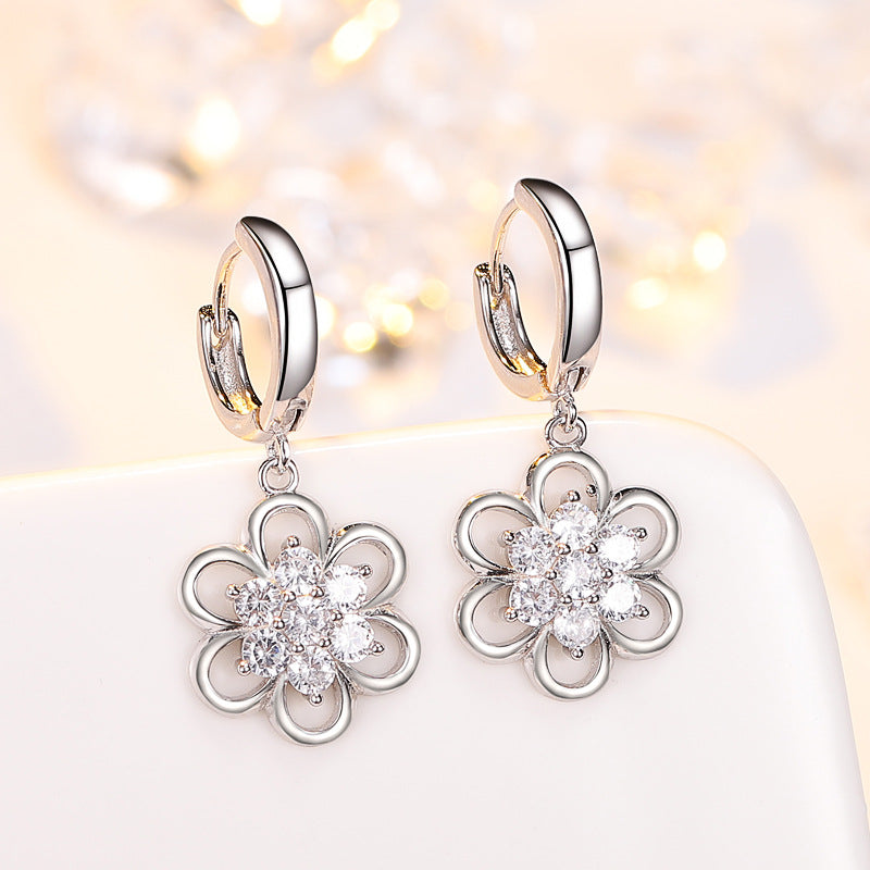 Floral White Gold Earrings – Long Elegant Flower Design with White or Purple Stone
