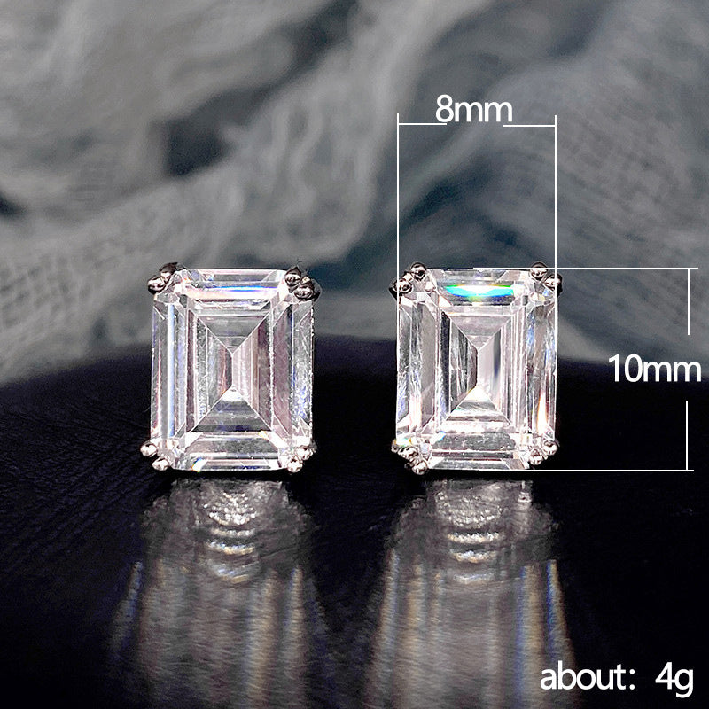 Rectangular Zircon Stud Earrings – Minimalist Platinum White Unisex Design