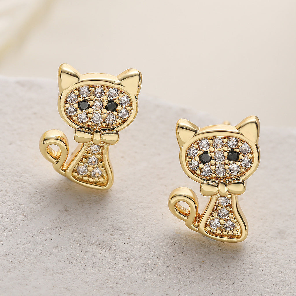 18K Gold-Plated Zircon Cat & Bee Stud Earrings – Cute Luxury Micro-Pavé Design