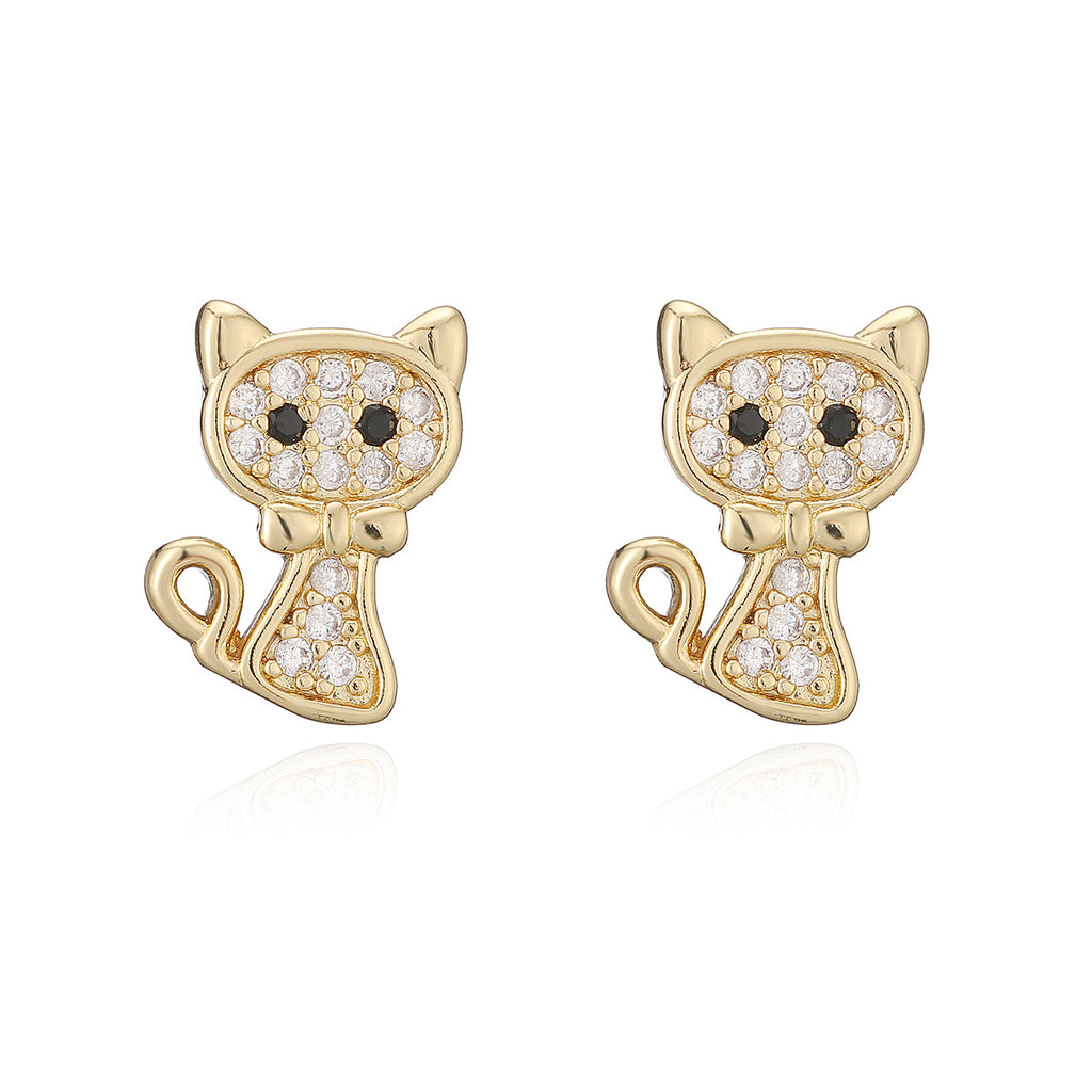18K Gold-Plated Zircon Cat & Bee Stud Earrings – Cute Luxury Micro-Pavé Design