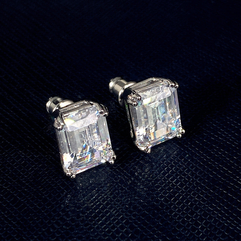 Rectangular Zircon Stud Earrings – Minimalist Platinum White Unisex Design