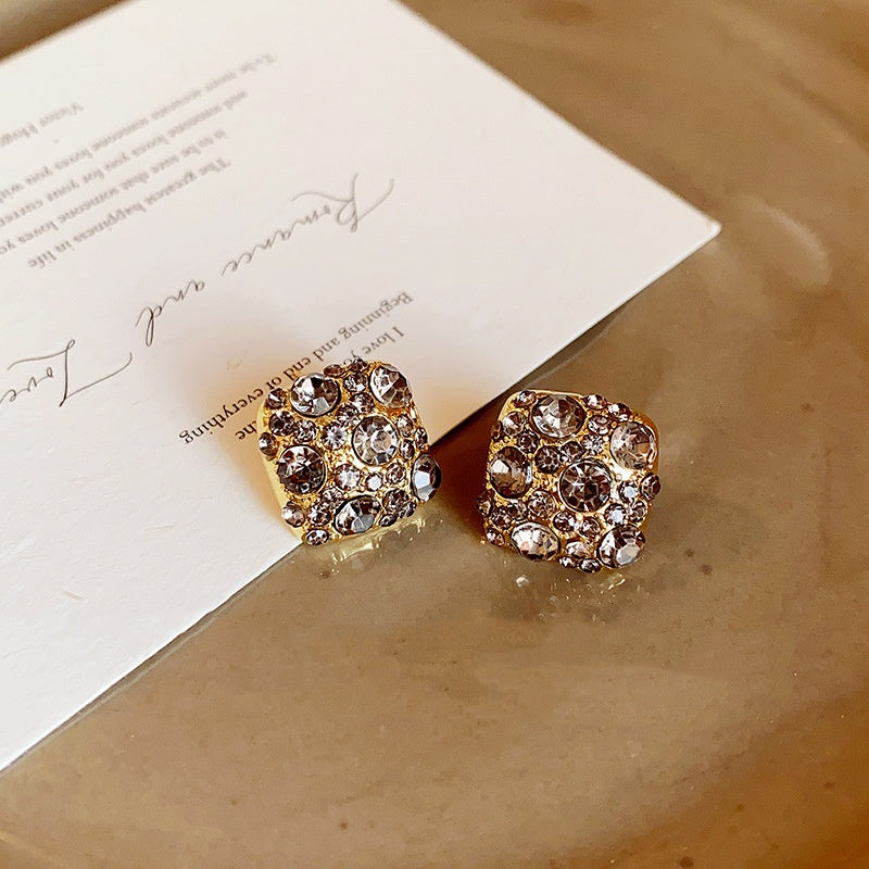 Black Micro-Pavé Zircon Square Stud Earrings – Gold-Tone Geometric Luxury for Women