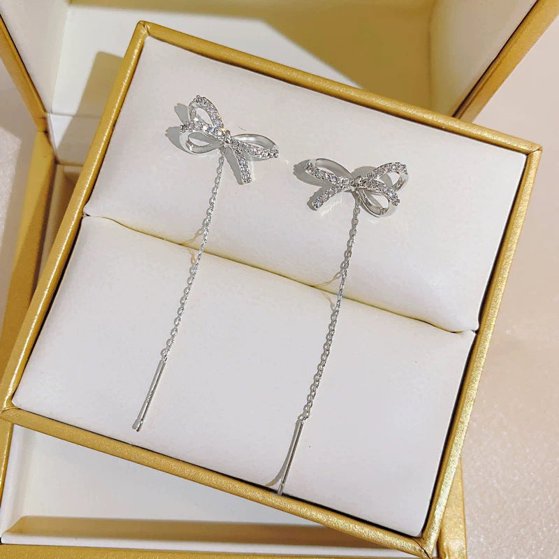 Elegant Bow Tassel Thread Earrings – High-End White Gold OL Style for Women