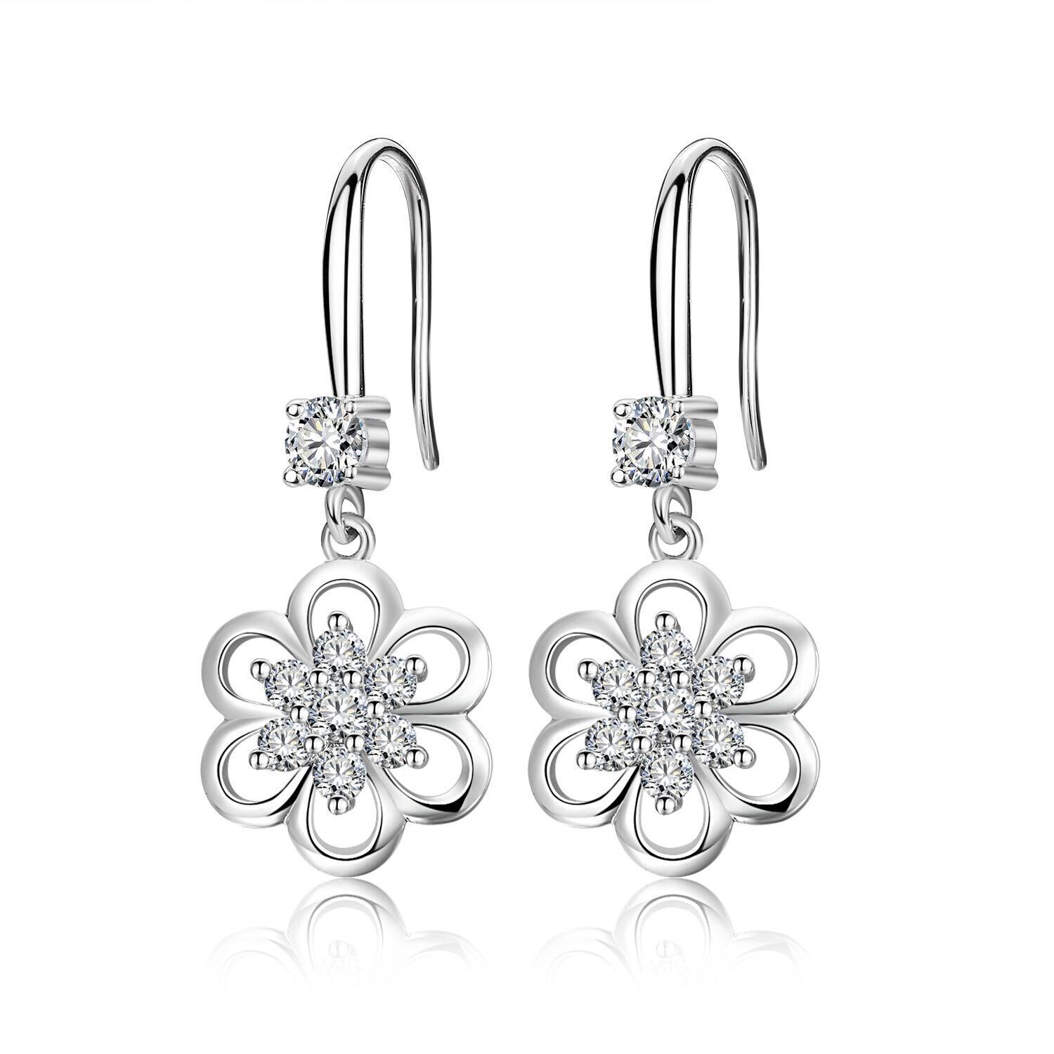 Floral White Gold Earrings – Long Elegant Flower Design with White or Purple Stone