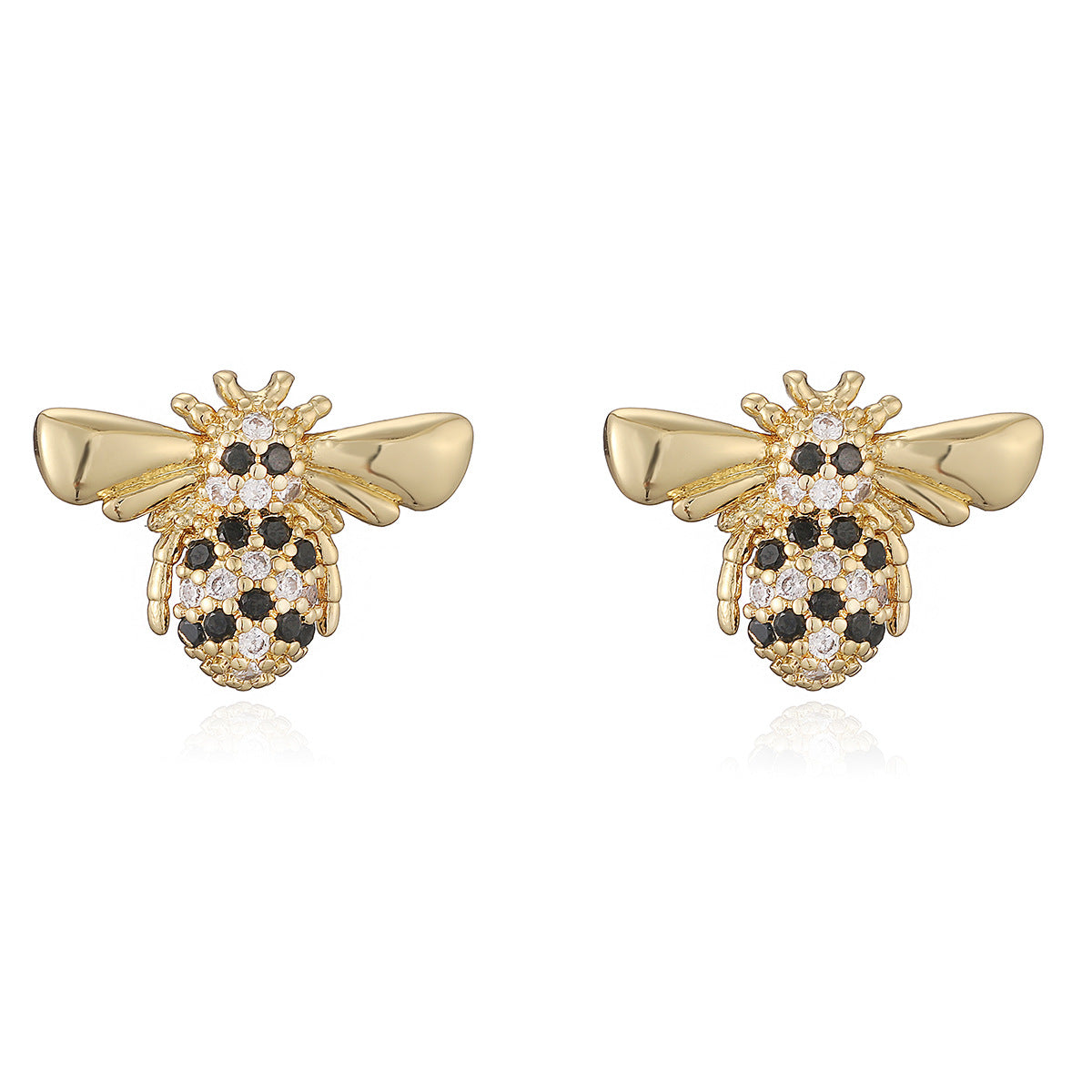 18K Gold-Plated Zircon Cat & Bee Stud Earrings – Cute Luxury Micro-Pavé Design