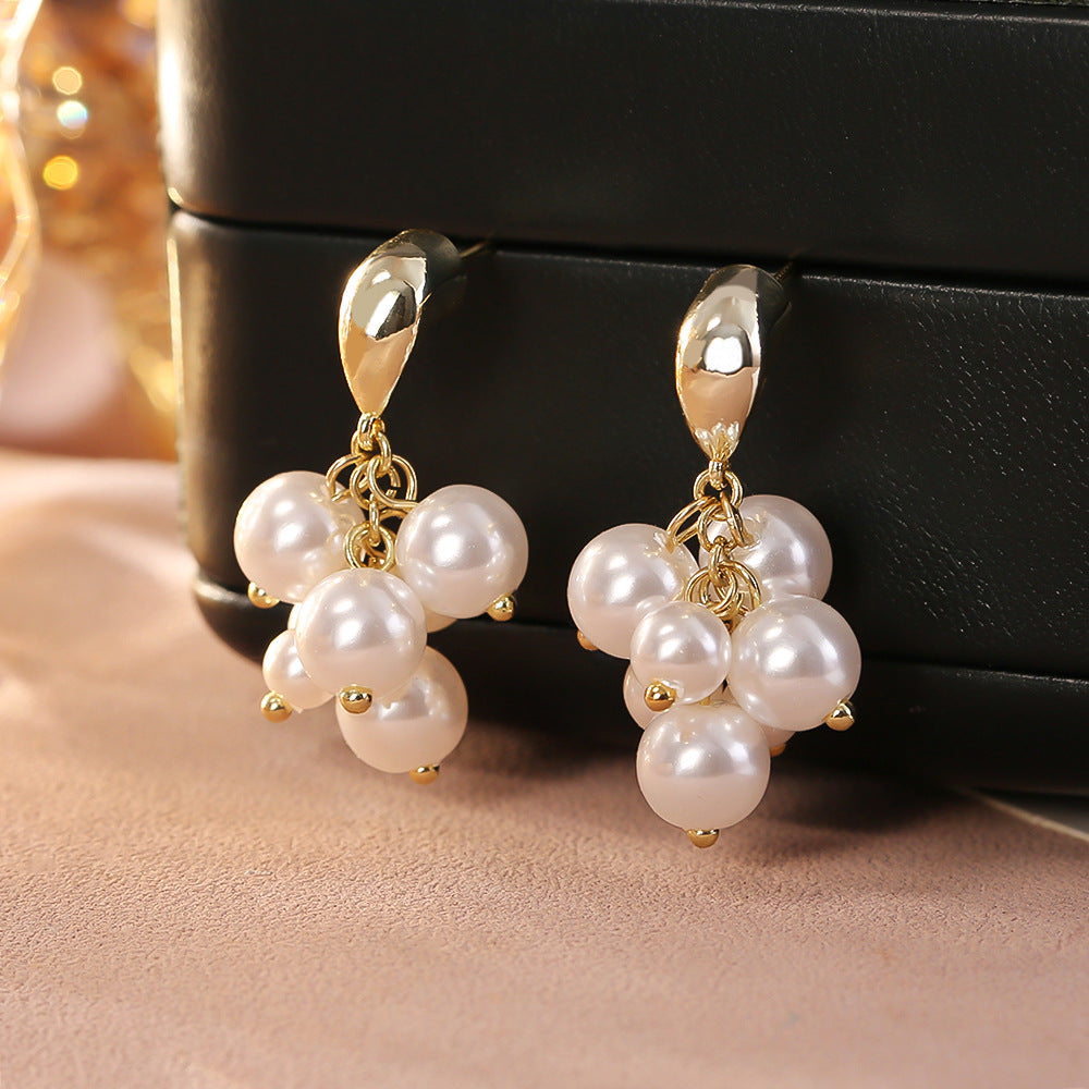 Pearl Grape Cluster Tassel Earrings – High-End Real Gold Tone Luxury for Women