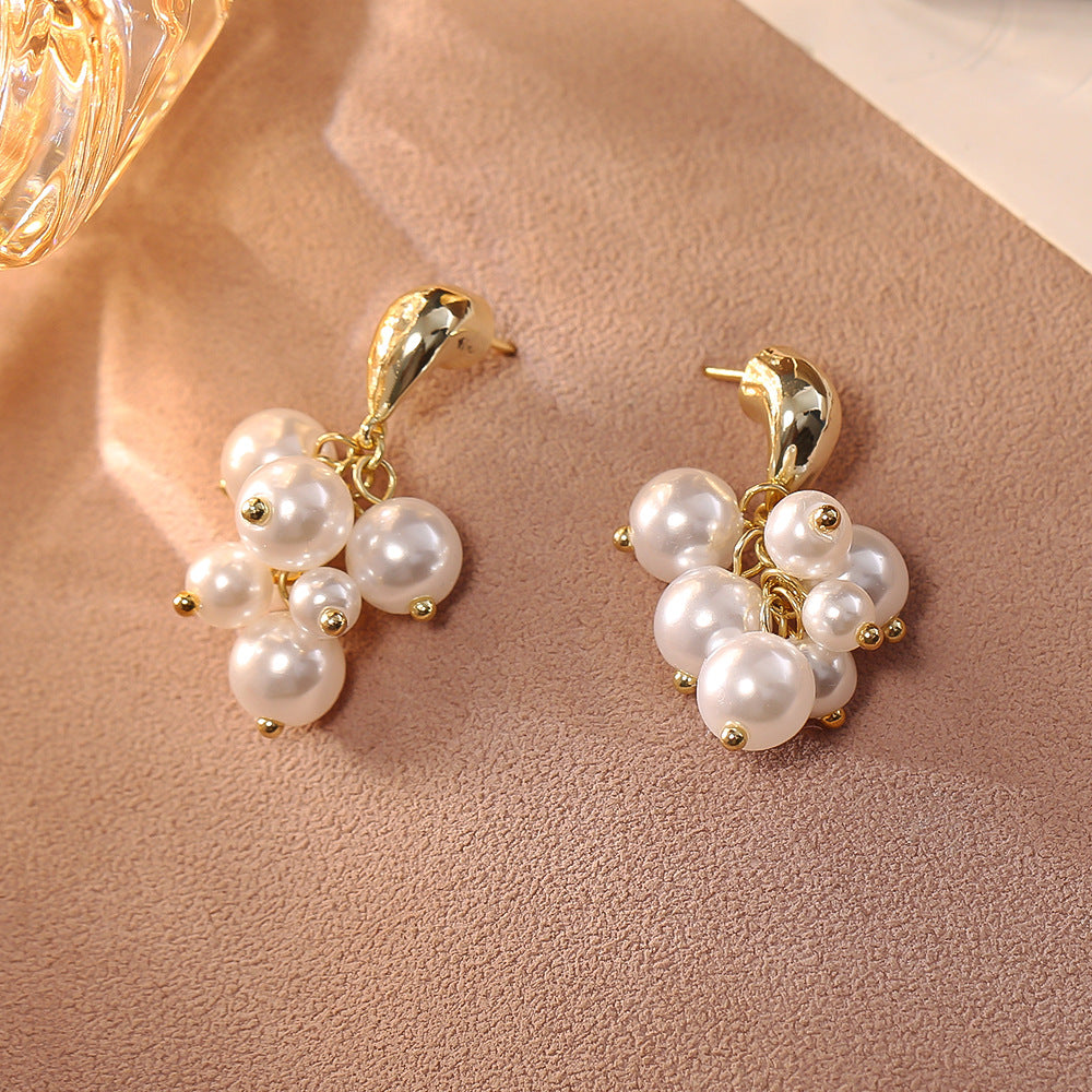 Pearl Grape Cluster Tassel Earrings – High-End Real Gold Tone Luxury for Women