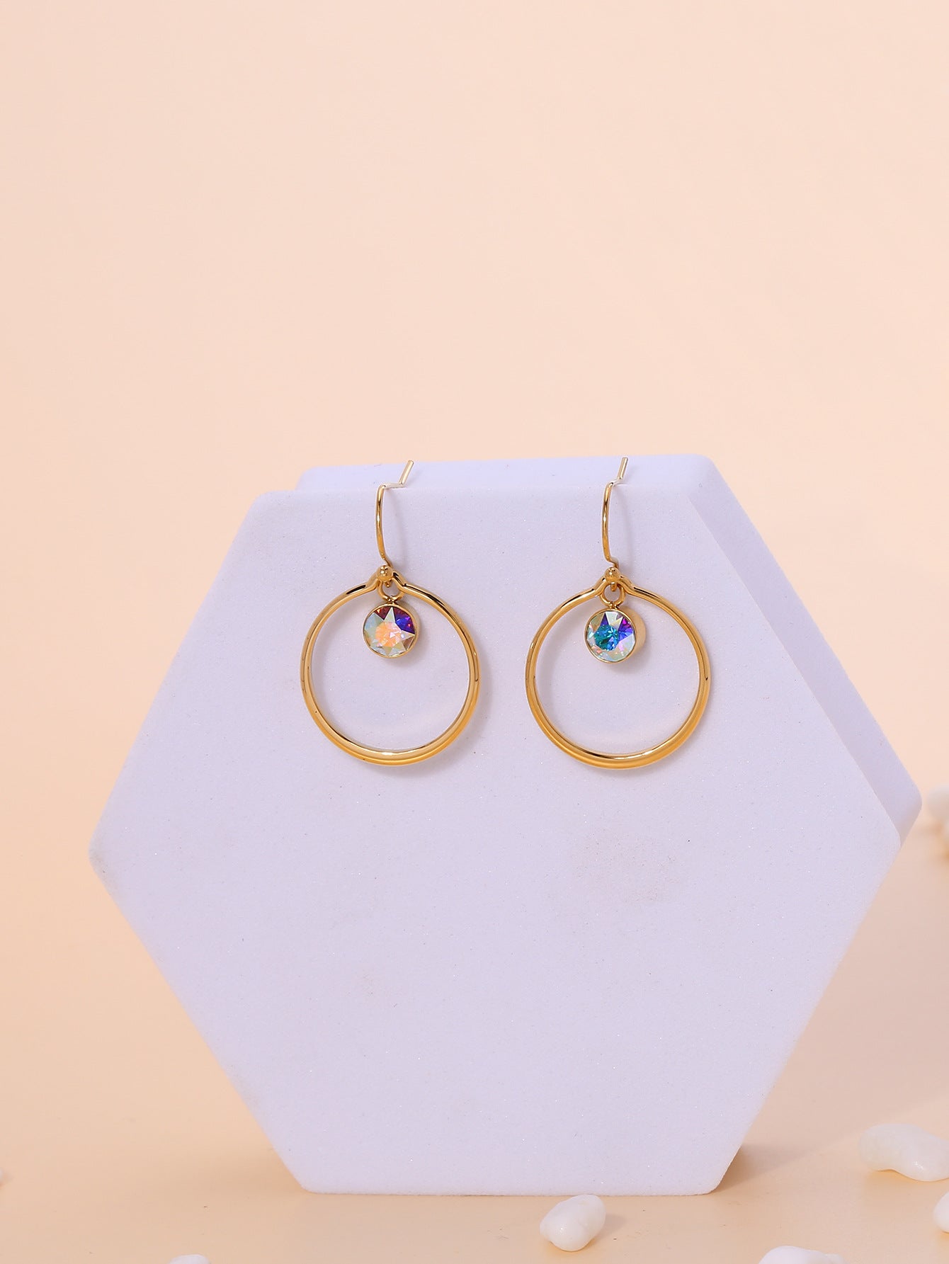 Zirconia Circle Earrings – Titanium Steel Starry Design (Gold, Multi-Color, Unisex)