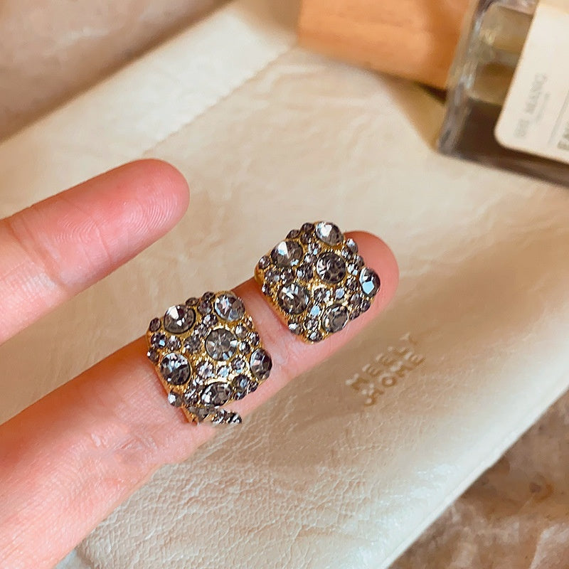 Black Micro-Pavé Zircon Square Stud Earrings – Gold-Tone Geometric Luxury for Women