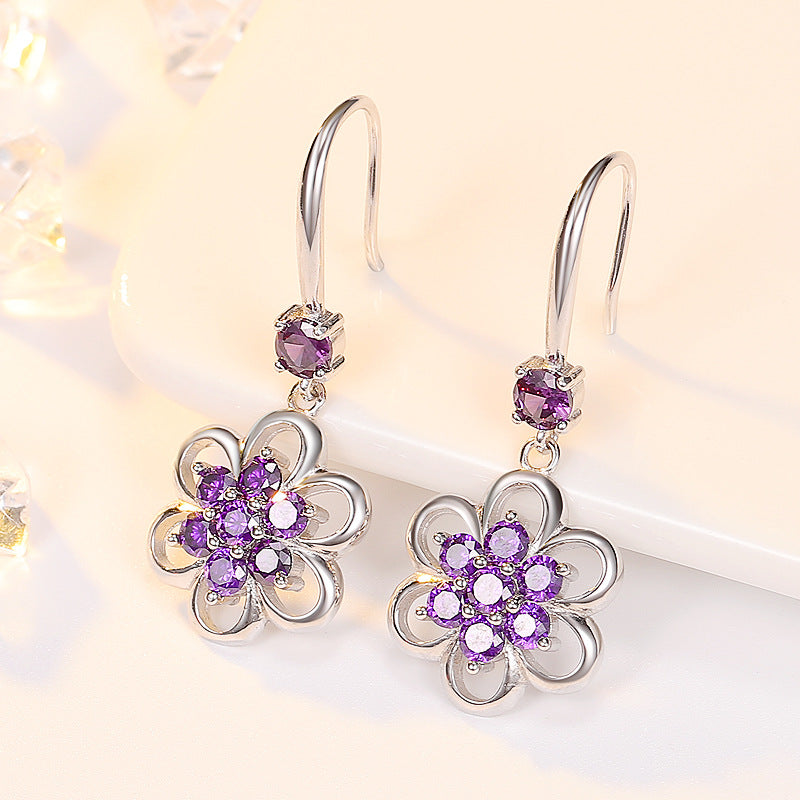 Floral White Gold Earrings – Long Elegant Flower Design with White or Purple Stone