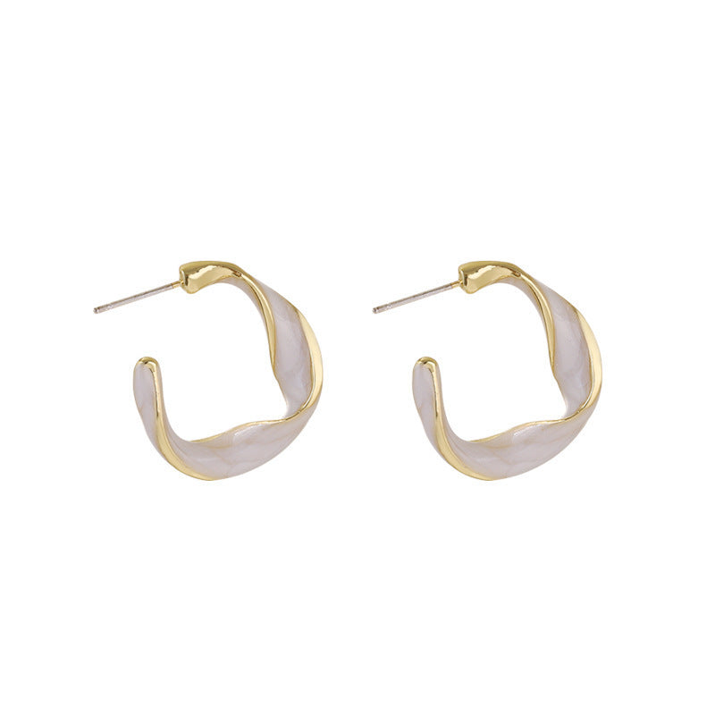 Cream White C-Shaped Earrings – Geometric Distortion Drop-Oil Design for Women
