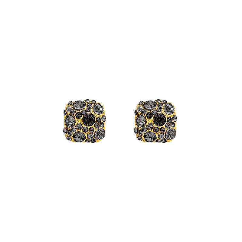 Black Micro-Pavé Zircon Square Stud Earrings – Gold-Tone Geometric Luxury for Women