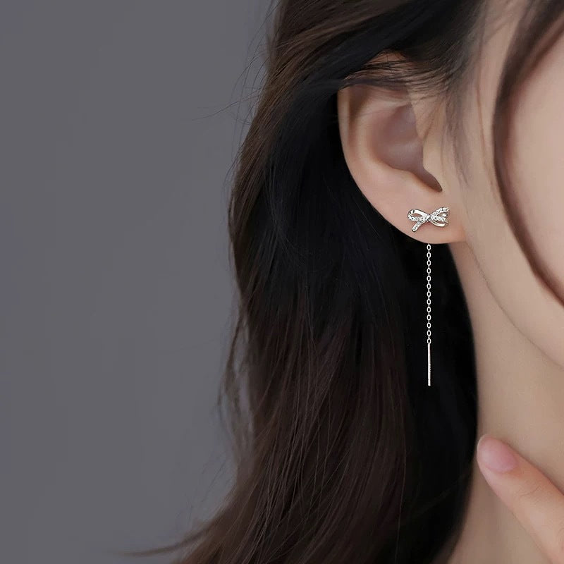 Elegant Bow Tassel Thread Earrings – High-End White Gold OL Style for Women