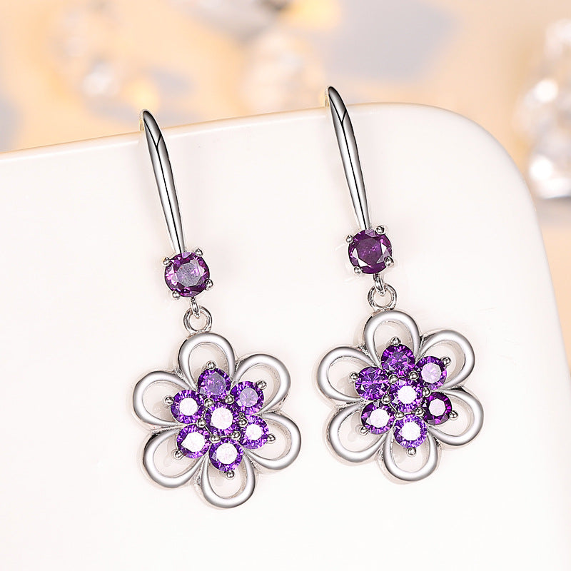 Floral White Gold Earrings – Long Elegant Flower Design with White or Purple Stone