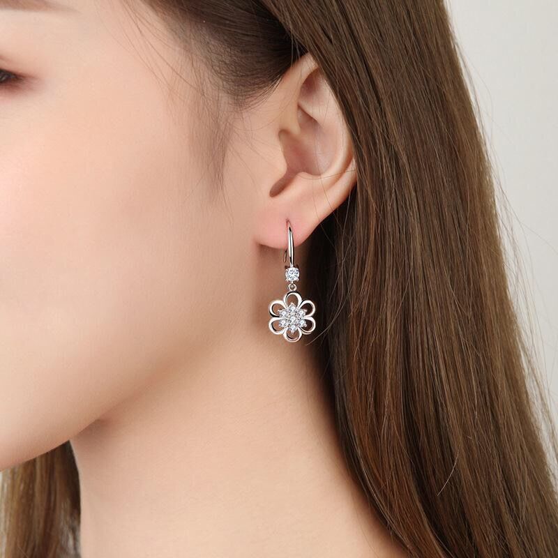 Floral White Gold Earrings – Long Elegant Flower Design with White or Purple Stone