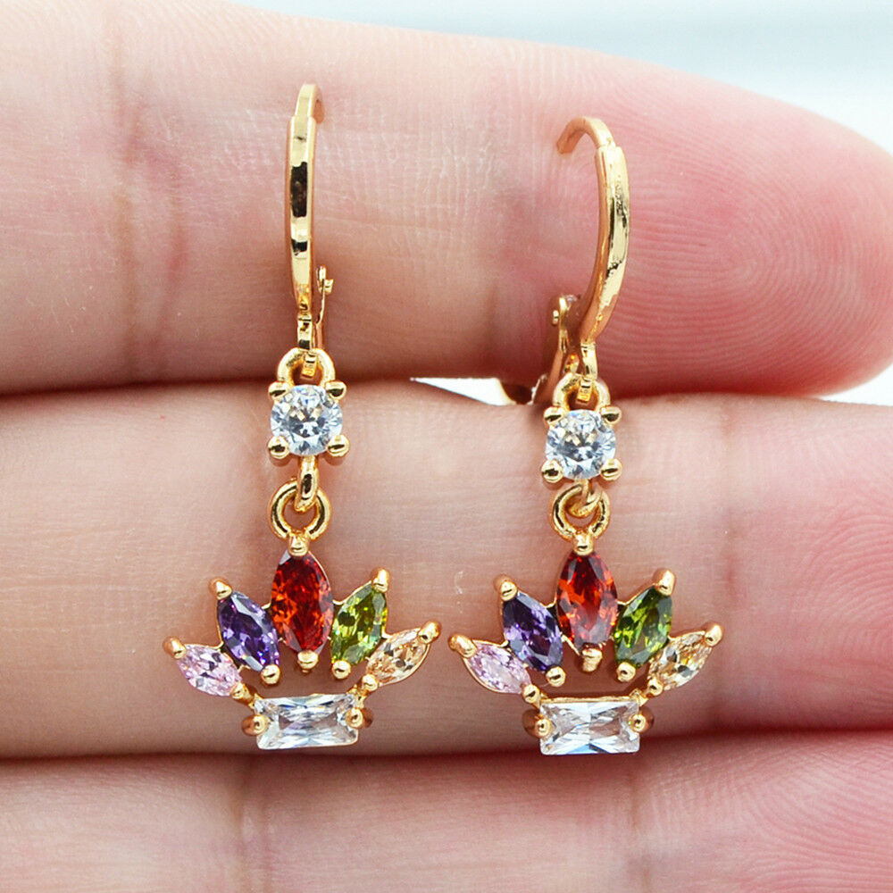 18K Gold-Plated Crown Earrings – Regal Colored Gemstone Statement Pair