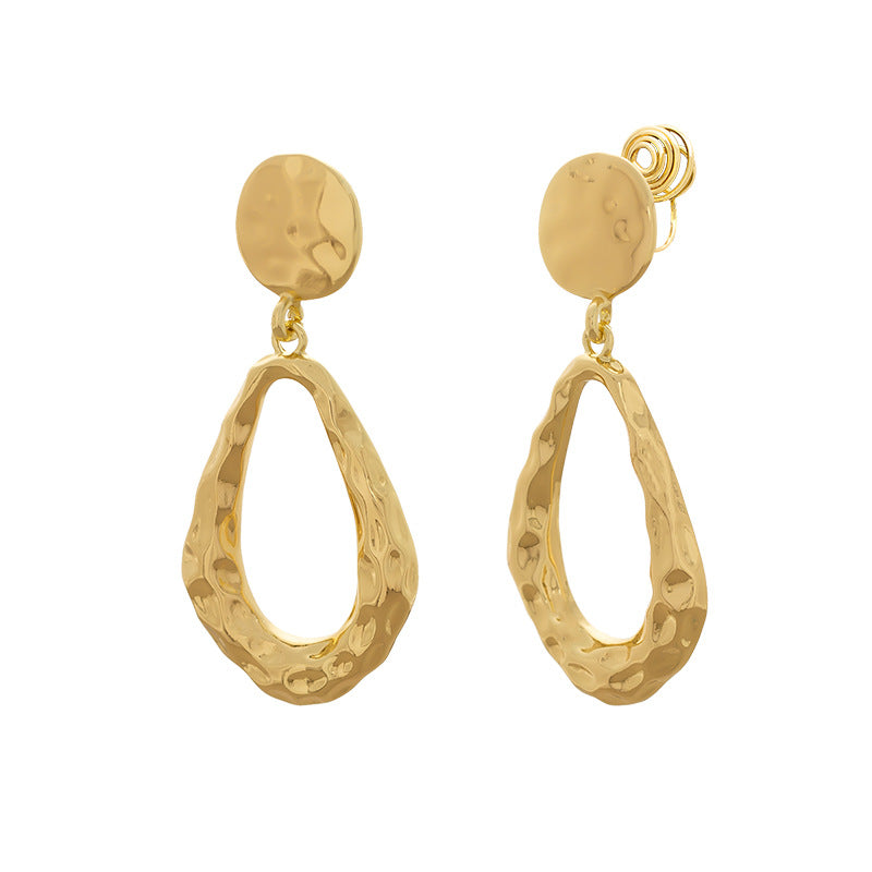 Hollow Gold Waterdrop Earrings – Elegant Office Lady Drop Design (Stud or Clip-On)