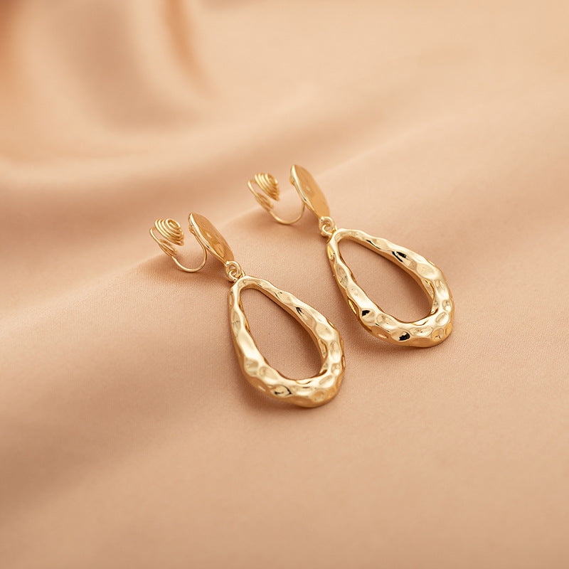 Hollow Gold Waterdrop Earrings – Elegant Office Lady Drop Design (Stud or Clip-On)