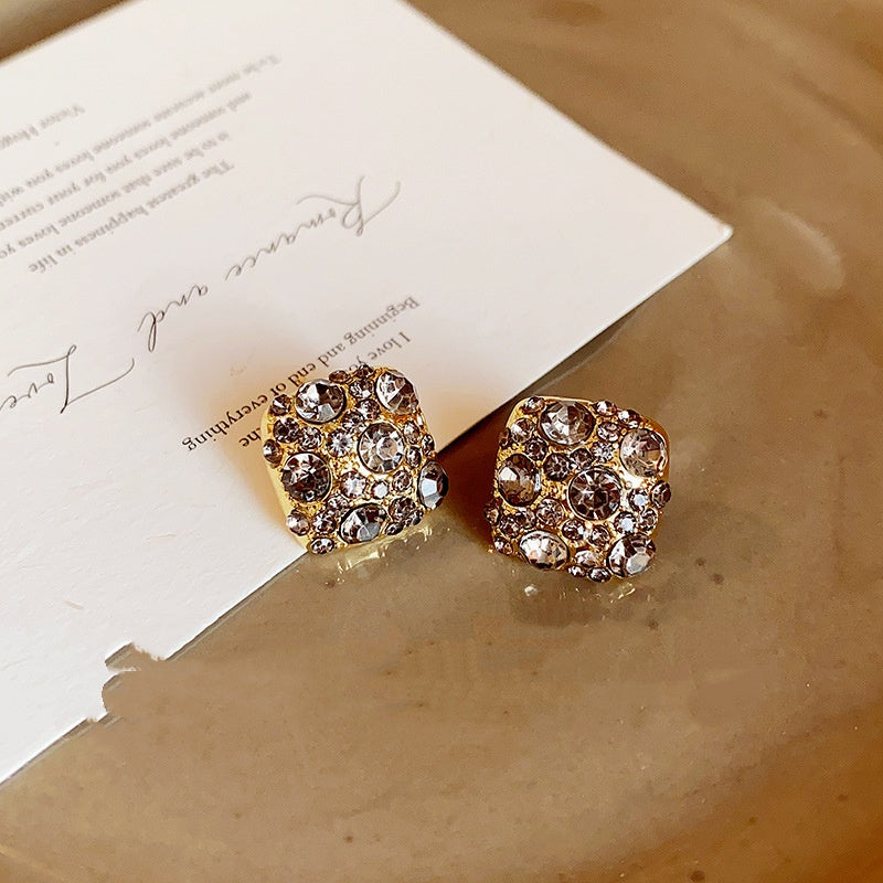 Black Micro-Pavé Zircon Square Stud Earrings – Gold-Tone Geometric Luxury for Women