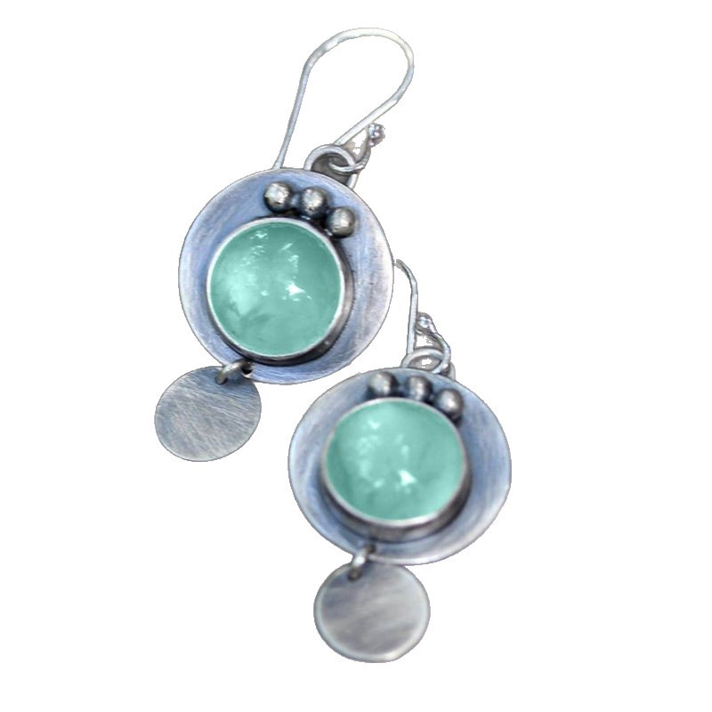 Mint Turquoise Round Stud Earrings – Simple Silver Geometric Design for Women