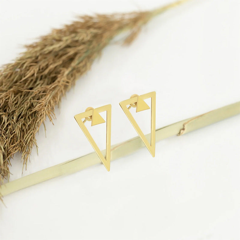 Double-Layer Hollow Triangle Stud Earrings – Retro Geometric Design (Gold & Silver)