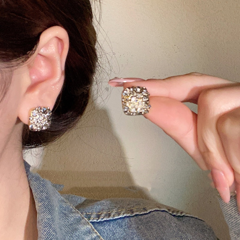 Black Micro-Pavé Zircon Square Stud Earrings – Gold-Tone Geometric Luxury for Women